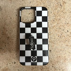 Loopy Case, iPhone 13 Pro, 6.1 screen. Black/White Checkered, matte, righty.